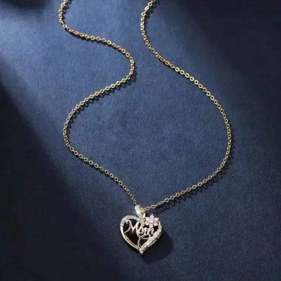 NEW "Mom" Necklace ~ Gold Tone Delicate Chain with Heart Flower Rhinestones - Picture 2 of 4